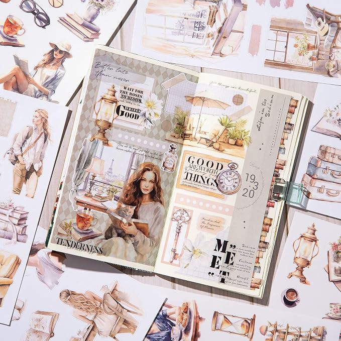 YagCu Journaling Sticker Book, Reading and Writing Scrapbook Stickers, Junk Journal Supplies, Pre-Cut Aesthetic Scrapbooking for Women, Collage Decorative Ephemera Bullet Planner DIY Arts
