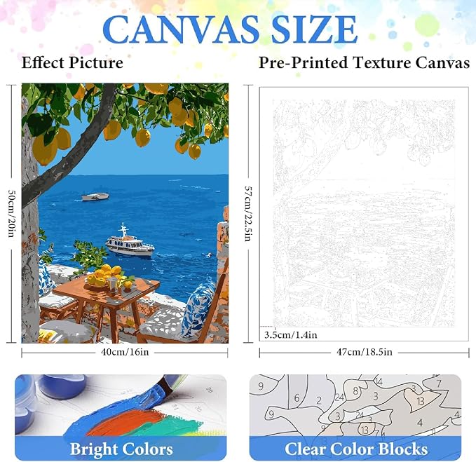 ZRIZQ Paint by Numbers Kit for Adults Beginner,Lemon Tree Sea,16x20 | Full set with wooden brushes,rolled canvas,rich paints.Calming activity.Beginner friendly.Just open and paint.