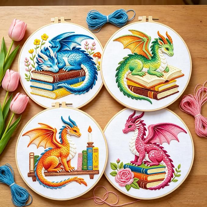 BEUNITONE 4 Set Embroidery Kits for Beginners with Dragon Pre-Print Patterns, DIY Craft Kits Include Instructions and 2 Embroidery Hoops, Cross Stitch Needlepoint Kits for Craft Lover and Home Decor