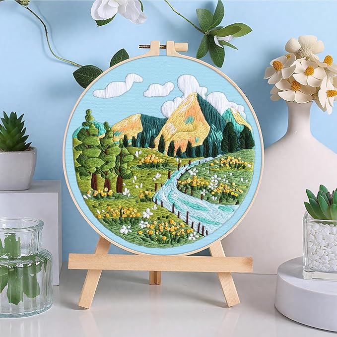 ERKOON 3 Sets Embroidery Kit, Floral Cross Stitch Set for Include Embroidery Cloth Hoops Threads for Craft Lover Hand Stitch (Landscapes)
