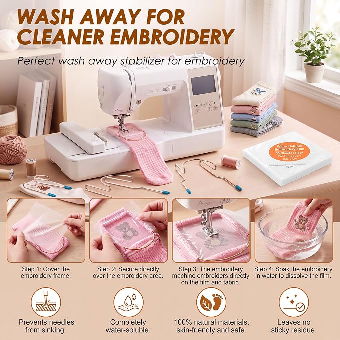 Sock Hoop for Embroidery-2 Adult,1 Kid,30 Sheets Water Soluble Stabilizer