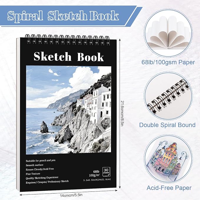 4 Pack Small Sketch Books 5.5 × 8.5 in, Spiral Bound, Black | 100gsm Acid-Free Paper, 30 Sheets Each, Dry Media Friendly, Hardcover Backing, Travel & Classroom Use