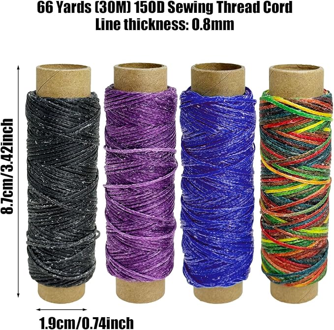 4 PCS Leather Sewing Waxed Thread, Each of 33 Yards 150D Sewing Thread Cord for Leather Craft DIY Supplies, Shoes Repairing, Black, Multi-Colors, Dark Purple, Blue