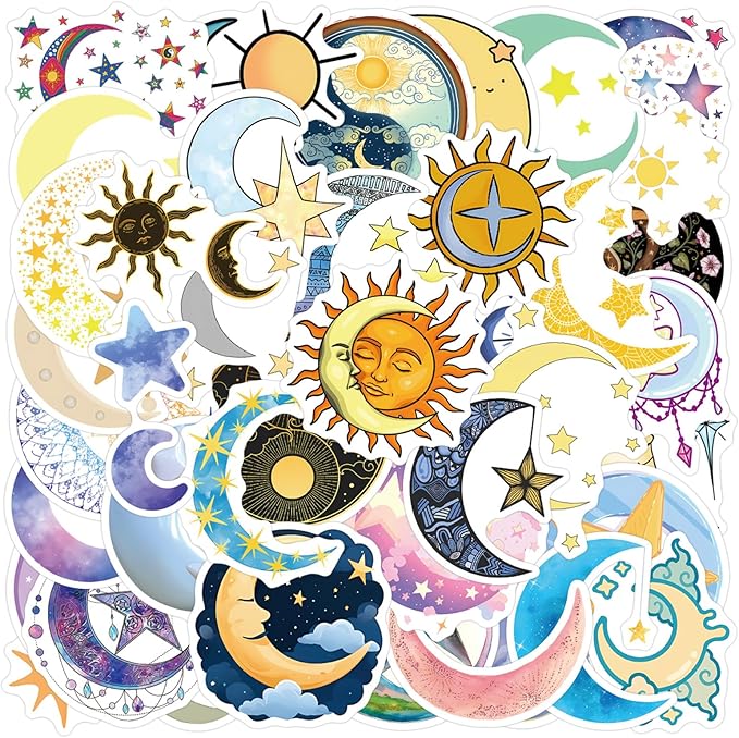 55pcs Moon and Star Stickers, Decals Vinyl Waterproof Stickers for Water Bottle Laptop Luggage Helmet Skateboard Snowboard Guitar Scrapbook Phone Gifts for Teens Girls Kids Adult (Colourful-F6)
