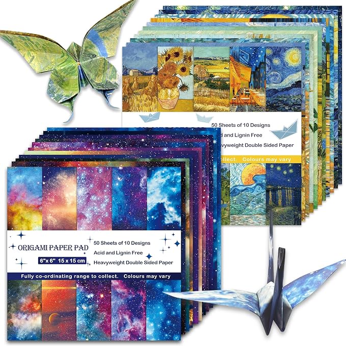 Origami Paper Kit 100 Sheets, 6x6 Inch Double Sided 40 Vivid Colored Paper | 70GSM Colorful Paper,40 Different Pattern Origami Kit,DIY Hand Crafts,Arts Creativity,Easy to Fold,No-Fading.Gogh Starry Sky