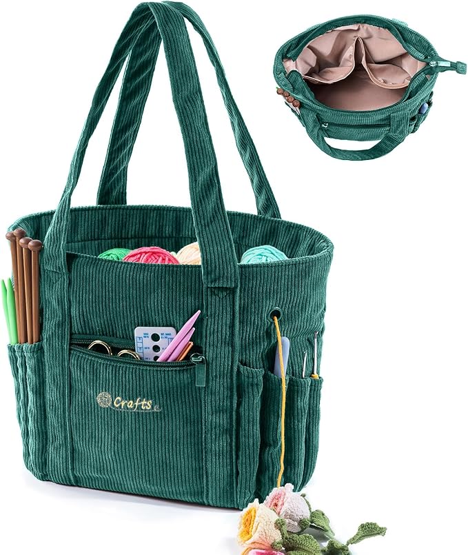 MYBAGZING Crochet Bag and Tote - Corduroy Yarn Bag - Yarn Holder for Crocheting - Crochet Storage Bag for Crochet Hooks, Crochet Accessories, Knitting Bag for Crochet Lovers, Mother's Day Gift