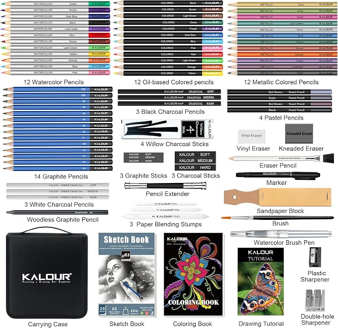 KALOUR 82 Pack Drawing Sketching Kit, Pro Art Supplies with Sketchbook, Include Tutorial,Colored, Graphite, Charcoal, Watercolor,Metallic & Pastel Pencils, Drawing Set for Adults Teens Beginner