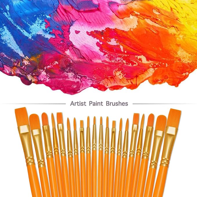 BOSOBO Paint Brushes Set, 20 Pcs Small Paint Brush Kit Round Flat Tip Nylon Hair, for Acrylic Painting, Watercolor, Oil Painting, Kids Face Nail Art Canvas Rock Craft, Art Supplies, Orange