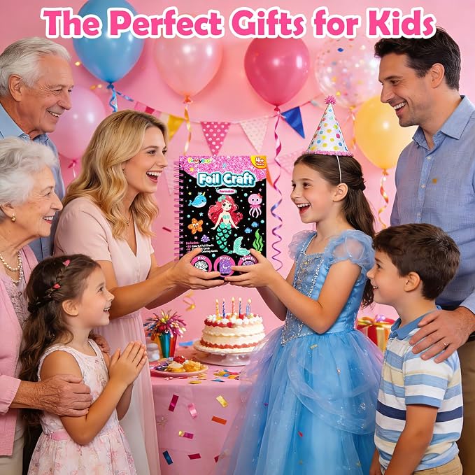 FUNNYB&G Foil Art Craft Kit for Kids, Sparkly Birthday Gift Toy for Girls | No Mess, Kids Ages 4-10 Create Sparkling Artwork, A Creative Gift for Birthdays, Holidays, Travel Activities,Screen-Free Fun
