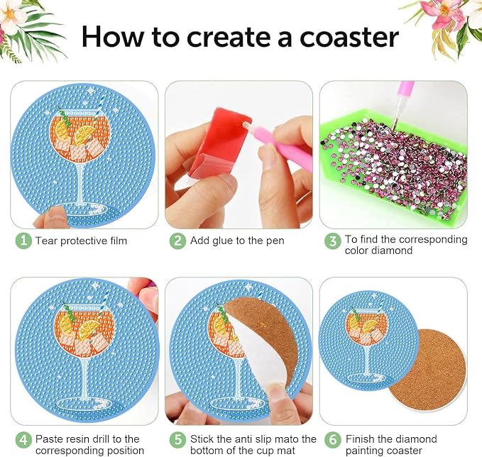Diamond Art Coasters Kits, 8 Pcs Cocktail Diamond Painting Coasters Kit