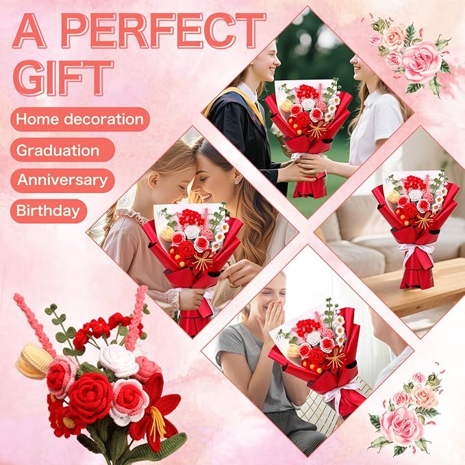 Iuuidu Crochet Kit for Beginners, Flower Bouquet Crochet Kit Rose Red