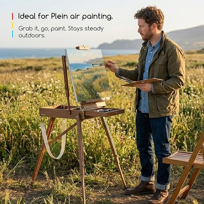 MEEDEN Portable French Easel for Painting: Beech Wood Plein Air Art Easel | Wooden Sketchbox for Outdoor Travel - Studio Art Easel Stand with Metal Side Tray - Holds Canvas up to 34"- Walnut