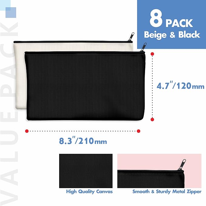 8 Pack Blank Cotton Canvas DIY Craft Zipper Bags Pouches Pencil Case for Makeup Cosmetic Toiletry Stationary Storage (Beige &Black 8.3” x 4.7”)