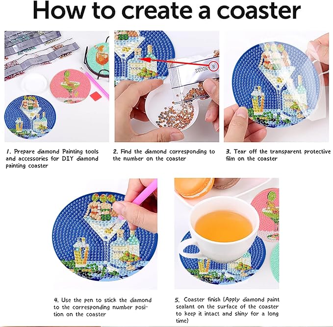 askkqtx 8 Pcs Cocktail Diamond Art Coasters Kits with Holder 4X4 Inch