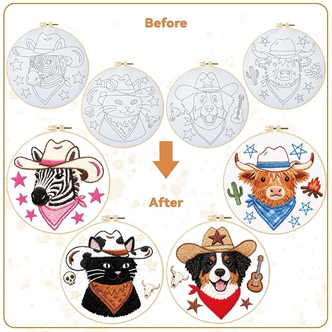 BEUNITONE 4 Set Embroidery Kit for Beginners, Animal Cowboy Patterns Cross Stitch Kits, Needlepoint Kits for Adults with Hoop, Cute Hand Embroidery Patterns for Cloth and Home Decor
