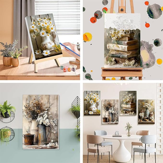 4 Pack Flower Paint by Numbers for Adults with Framed Canvas - Wooden Easel | Vintage Flower Paint by Number, Daisy Rustic Flowers Acrylic Oil Painting on Canvas with Brush for Home Wall Decor 8x12 inch