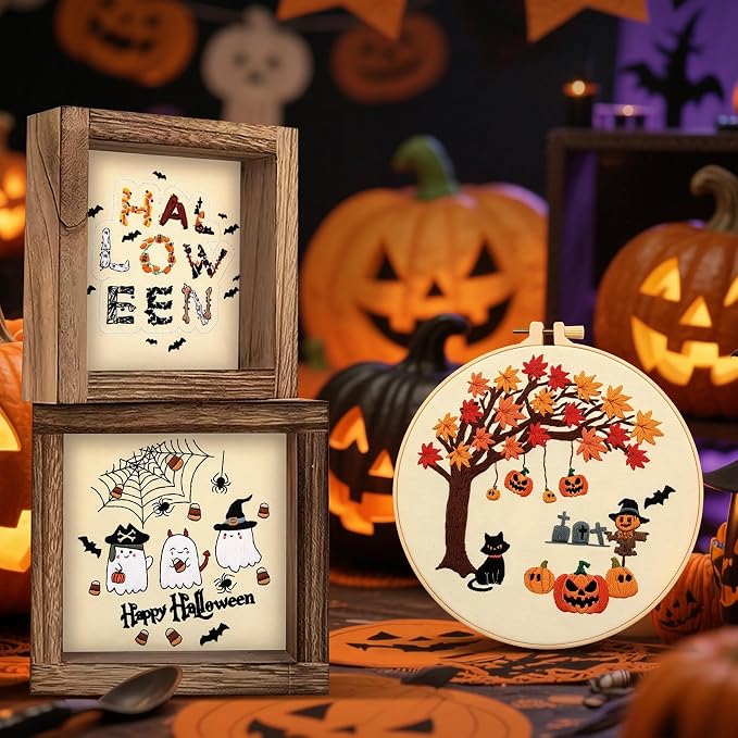 ElasignShopo 5 Sets Halloween Embroidery Kit for Adult Beginners Pumpkin Bat Embroidery Starter Kit Halloween Cross Stitch Kits Needlepoint Kits Includes Instruction 2 Hoops Color Threads Needles