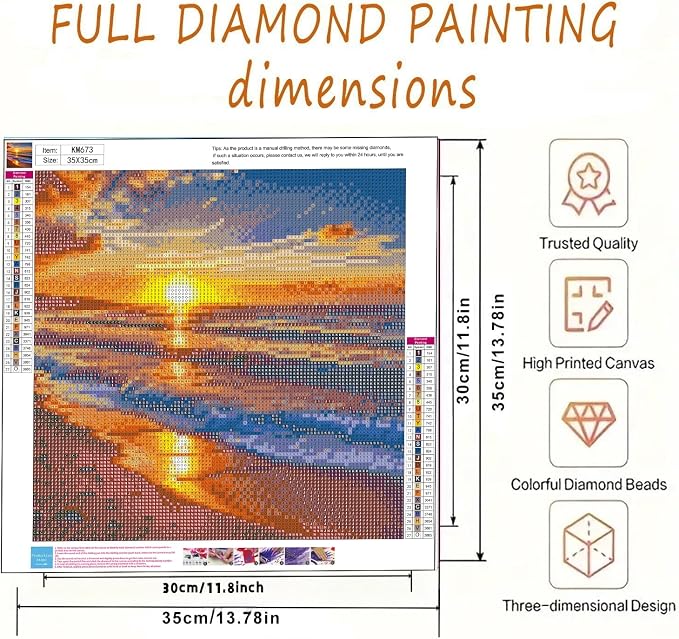 5D Diamond Painting Kits for Adults,Sunset Landscape Beach Diamond Art Kits | Full Drill Round Gem Art Paint by Diamonds Dots Crafts Kits for Home Wall Decor 13.7x13.7inch