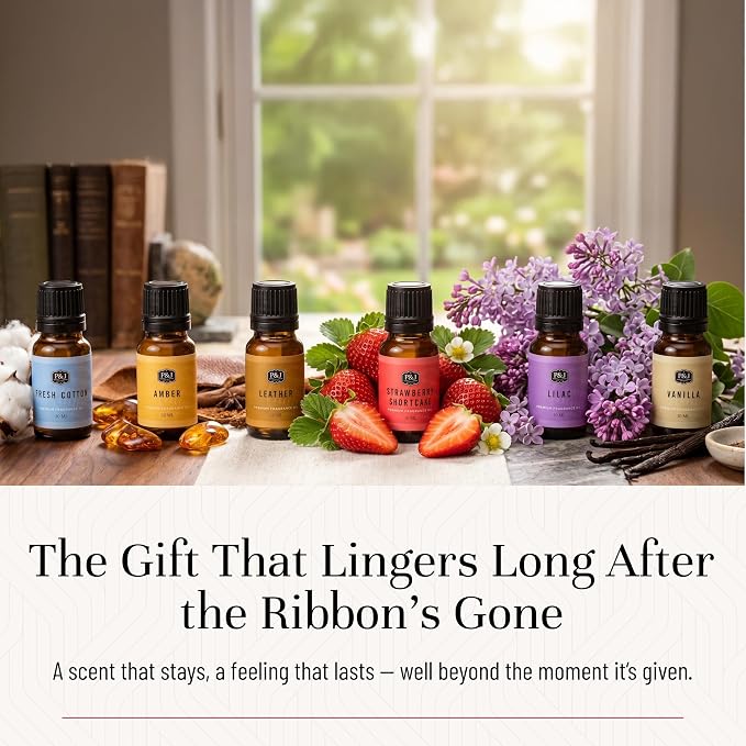 P&J Fragrance Oil Favorites Set | Fresh Cotton, Amber, Leather, Strawberry Shortcake, Lilac, Vanilla for Candle Making, Soap Making Supplies, Diffuser Oils Scents