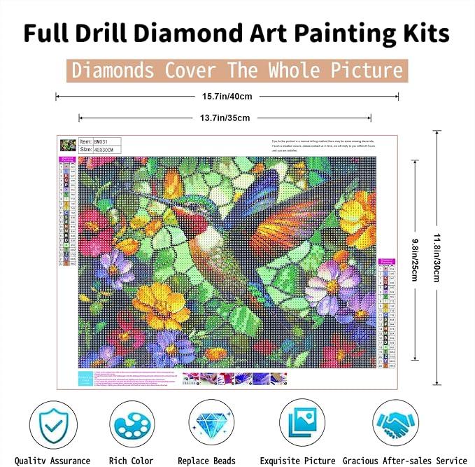 PINFFSHU Hummingbird Diamond Art Paintings Flowers 5D Diamond Painting Kits for Adults DIY Stained Glass Diamond Art Kits Full Drill Gem Art Crafts for Adults Bird Wall Art Decor Gift 16x12 Inch