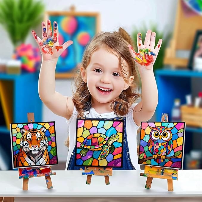 cviokrdu 4 Pack Paint by Numbers Kit for Kids with Frame - Wooden Easel, Animal Paint by Numbers for Kids Ages 4 8 12, Easy Animals Acrylic Oil Painting Kits for Home Wall Decoration 8x8 inch