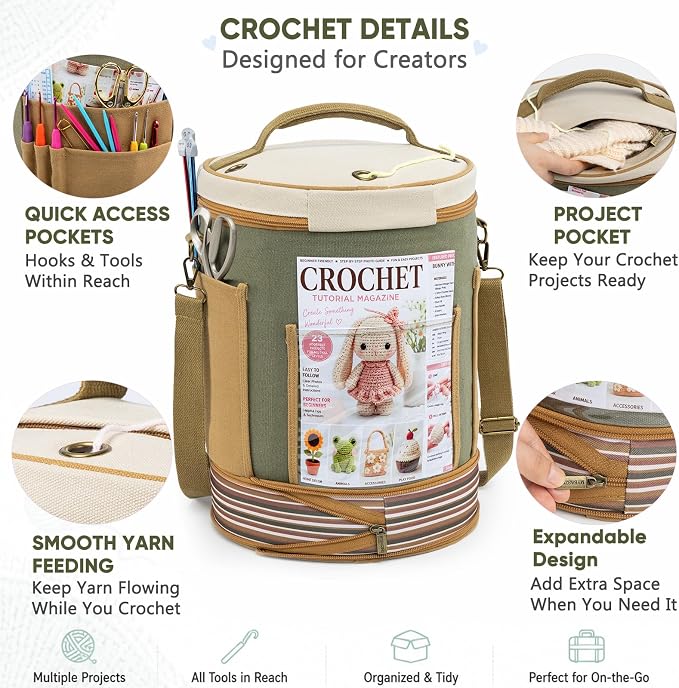 Canvas Yarn Storage Organizer with Removable Dividers, Crochet&Knitting Bag | Expandable canvas yarn organizer with removable dividers, yarn feed holes, project storage and multiple tool pockets
