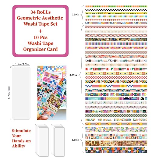 34 Rolls Geometric Washi Tape Set, Aesthetic Decorative Tape for Scrapbooking, Journaling, Bullet Journals, DIY Crafts and Gift Wrapping