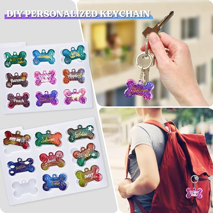 LET'S RESIN Pet Tag Resin Molds Silicone, Cat Dog Tag Molds for Epoxy Resin & UV Resina 2'' & 1.7'', Bone Shape Resina Keychain Molds with 10Pcs Key Ring & 10pcs Jump Ring, DIY Keychain Pendant Crafts