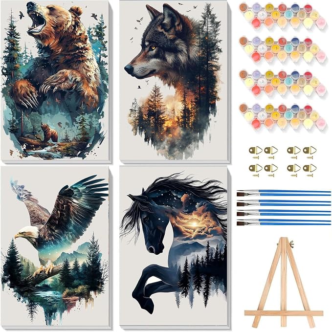 4 Pack Animals Paint by Numbers for Adults with Framed Canvas 8x12 inch | Forest Animals Adult Paint by Number Kits on Canvas with Wooden Easel, DIY Acrylic Oil Painting by Numbers for Home Decor