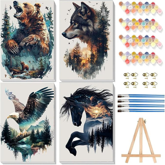 4 Pack Animals Paint by Numbers for Adults with Framed Canvas 8x12 inch | Forest Animals Adult Paint by Number Kits on Canvas with Wooden Easel, DIY Acrylic Oil Painting by Numbers for Home Decor