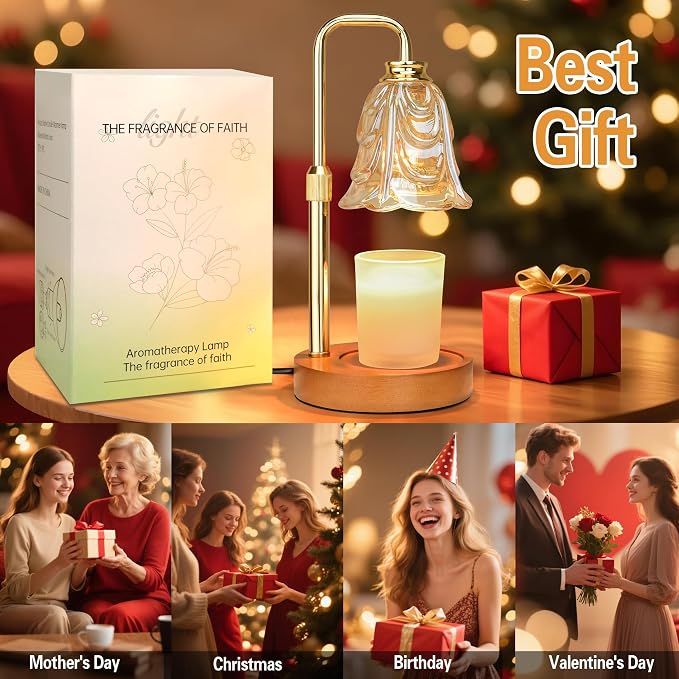 XJZJY Amber Glass Flower Candle Warmer Lamp with Timer, Vintage Home Decor | Dimmable wax melt warmer with 2 bulbs for jar candles, height adjustable, Amber tulip design, home decor, housewarming gifts