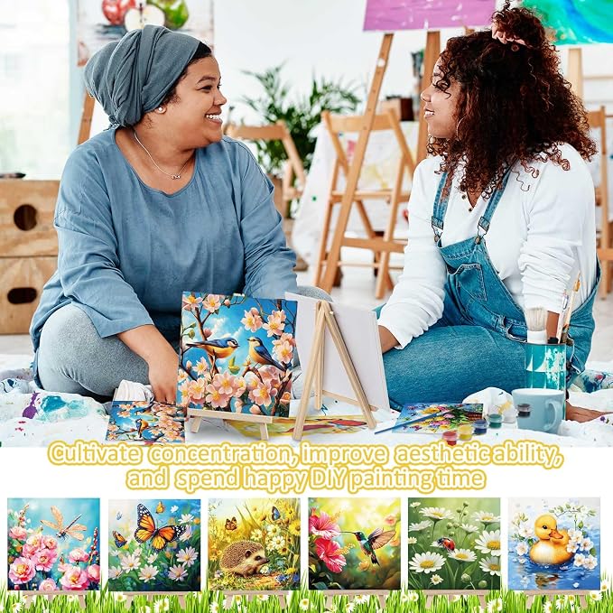 Tenceur 12 Sets Pre Drawn Canvas to Paint Adult Stretched Coloring Painting Canvas Panels with Design Easel and Brushes for Party Supplies Beginner Favor(Garden)