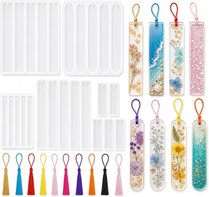 25-Cavity Bookmark Molds for Epoxy Resin,Bookmark Resin molds with Tassels | 30 Tassels in 10 Colors, 3 Five-Cavity Trays and 10 Individual Pieces for DIY Handmade Bookmarks and Gifts