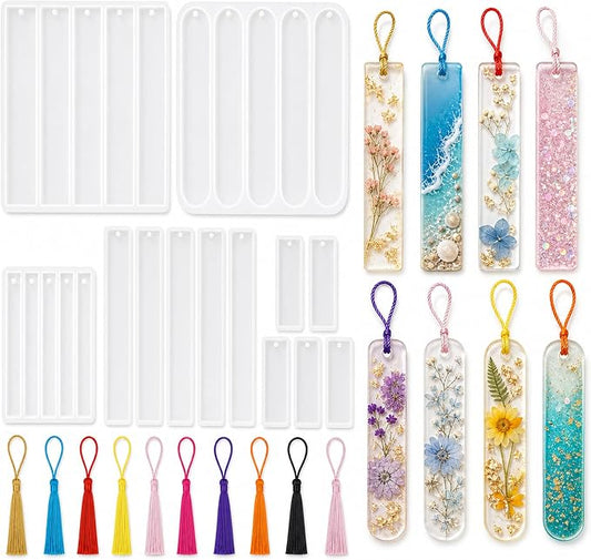 25-Cavity Bookmark Molds for Epoxy Resin,Bookmark Resin molds with Tassels | 30 Tassels in 10 Colors, 3 Five-Cavity Trays and 10 Individual Pieces for DIY Handmade Bookmarks and Gifts