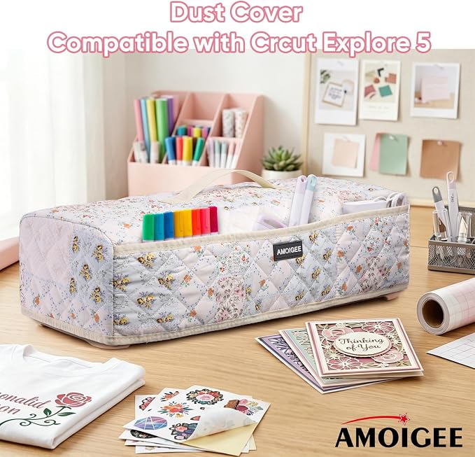 AMOIGEE Dust Cover for Latest Cutting Machine Cricuttt Explore 5, Quilted Protective Cover with Storage Pockets for Cutting Machine, Floral Fabric Anti-Dust Cover for Craft Machine Organizer