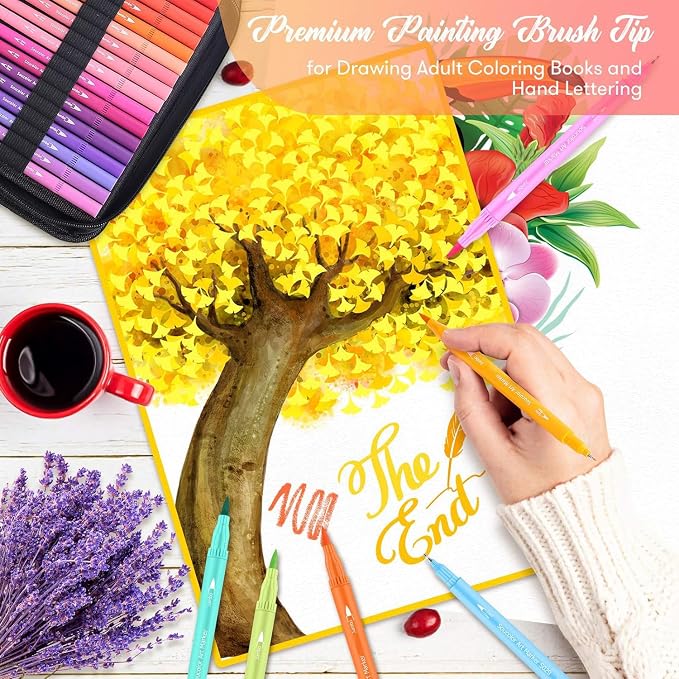 Soucolor 72 Dual Brush Markers Adult Coloring Books,Fine &Brush Double Pens | 72 Vibrant Water-Based Colors,No Smudge, DIY Color Card,4 Coloring Sheets and Portable Case Lettering, & journaling.
