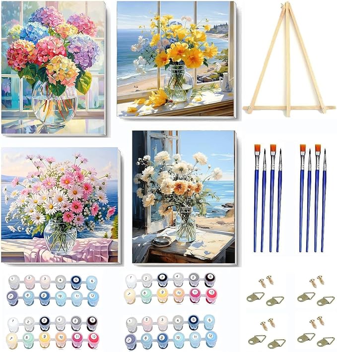 4 pack Flower Paint by Numbers Kit for Adults Beginner With Framed,Flowers Easy Adult Paint by Number Kits on Canvas DIY Painting for Beginners Art by Numbers for Home Wall Decor 10x12-10x10 Inch