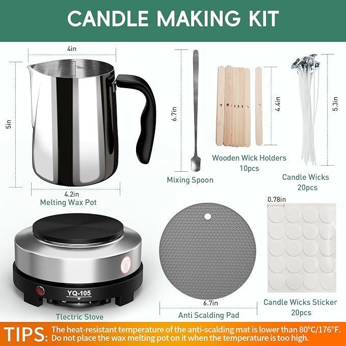 Zapstarz Candle Making Kit with Hot Plate, for Adults, Beginners | Candle Making Supplies with Wax Melting Pot, Candle Wicks, Stickers, Stirring Spoon, Anti-Scald Pad, Wooden Holders