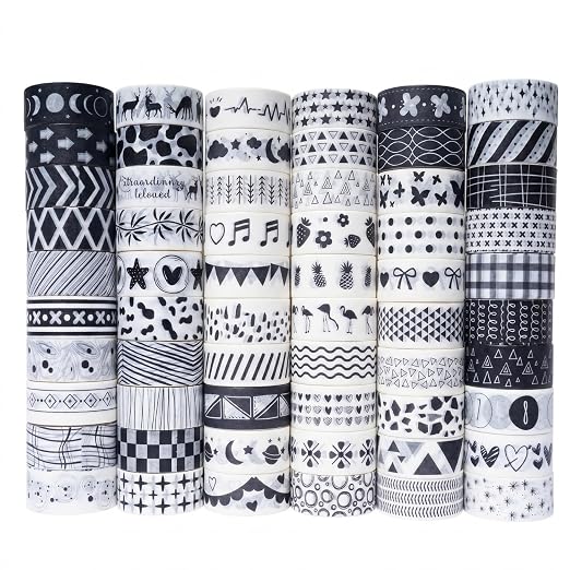 Washi Tape Set, 60 Rolls Decorative Masking Tape Bulk for Scrapbooking | Black White Bullet Journal, DIY Arts and Crafts, Planner, Gift Wrapping, Gothic Aesthetic Grid Geometric Patterns