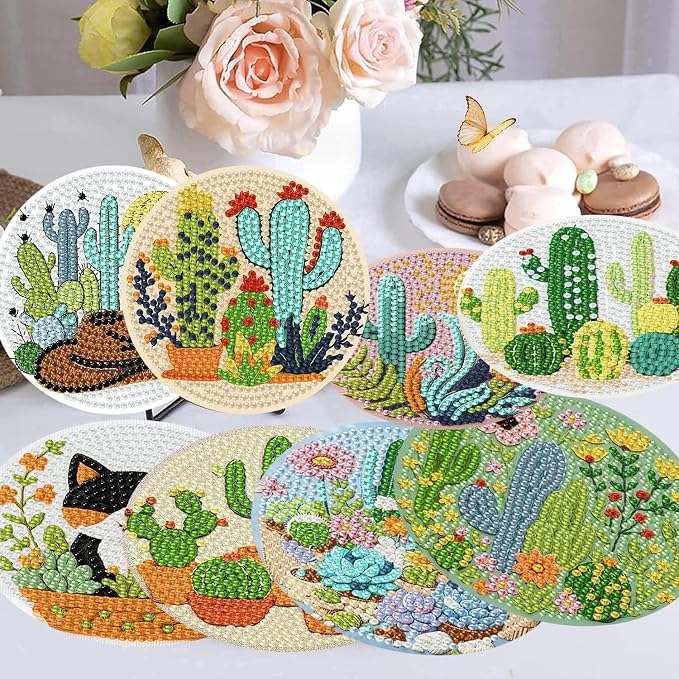 mrpwnle 8 Pcs Diamond Art Coasters Kits, Cactus Diamond Painting Coasters