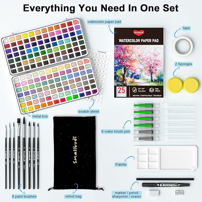 Smallbudi All in One Watercolor Paint Set 168 Colors with Portable Box | Travel Watercolor Kit for Adults with Carrying Case, Paper, Paint Brushes, Palette & Accessories for Beginner & Professional