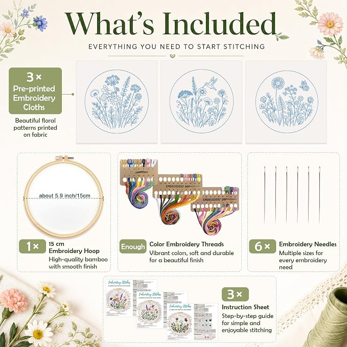 Nuberlic Embroidery Kit for Beginners, 3 Pack Floral Stamped Embroidery Starter Kit with Hoop, Pre Printed Flower Patterns, Threads, Needles and Step by Step Instructions, DIY Needlework Gift