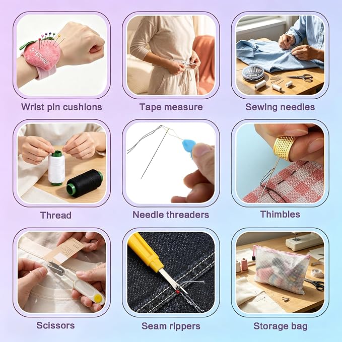 Sewing Clips Kit,Sewing Pins Set,356Pcs Sewing Supplies,Straight Pins,Fabric Clips,Tailors Chalk,Wrist Pin Cushions,Needles,Seam Rippers,Scissors,Tape Measure for Sewing Supplies and Crafting Tools