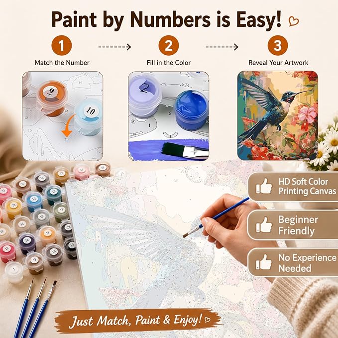 AUKELHJ Paint by Numbers Kit for Adults Beginner, Hummingbird, 16X20 Inch | Paint by Number for Adults, Beginner Friendly, High-Definition Color Canvas, Stress Relief, Home Decor, Gifts, Unframed