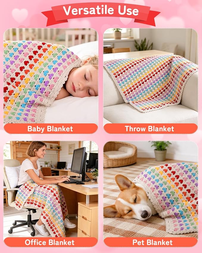 Arborthread Blanket Crochet Kit for Beginners, Crochet Heart Blanket Kit w/Premium Yarns, Detailed Video & Instructions for Adults & Kids – Featuring a Colorful Rainbow Heart Pattern and Edging