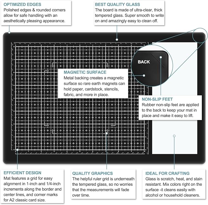 BAOFALI Magnetic Glass Craft Mat; 15.75"x10.24"Heat Resistant Glass Media Cutting Mat W/MagnetsGridlines and Measurements; for Cutting, Stamping, Mixed Media, Heat Embossing and Hot Glue Projects