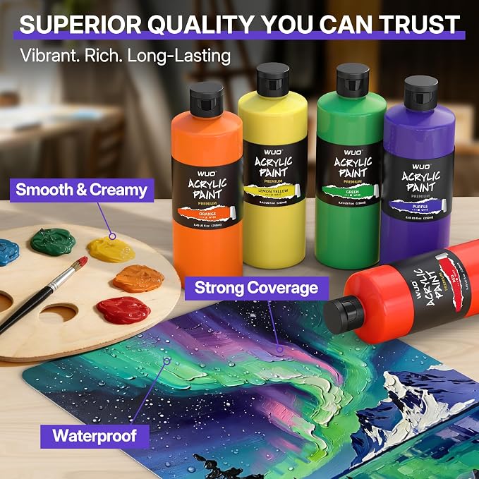 WUO 18 Colors Acrylic Paint Set, 250ml/8.45oz Professional Acrylic Paint | Large Bulk Rich Pigment Non-Toxic Multi-Surface Art Supplies for Artists Beginners Adults on Canvas Wood Rock Ceramic Crafts