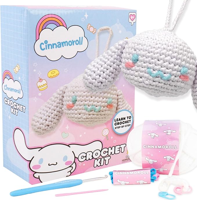 Hello Kitty® and Friends Crochet Kit – Cinnamoroll™ Bag Charm, Sanrio Crochet Kit for Beginners with Yarn, Starter Hooks, Step-by-Step Tutorials, DIY Craft, Great Teen Gifts