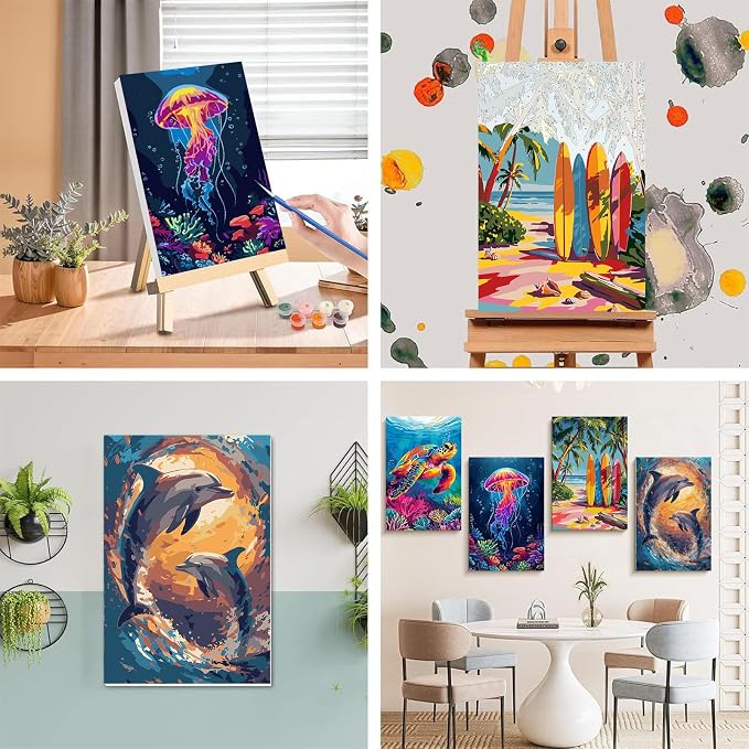 4 Pack Beach Paint by Numbers for Adults with Framed Canvas - Wooden Easel | Beach Paint by Number on Canvas, DIY Sea Turtle Acrylic Oil Painting Kits with Brushes for Home Wall Decor (8x12 inch)