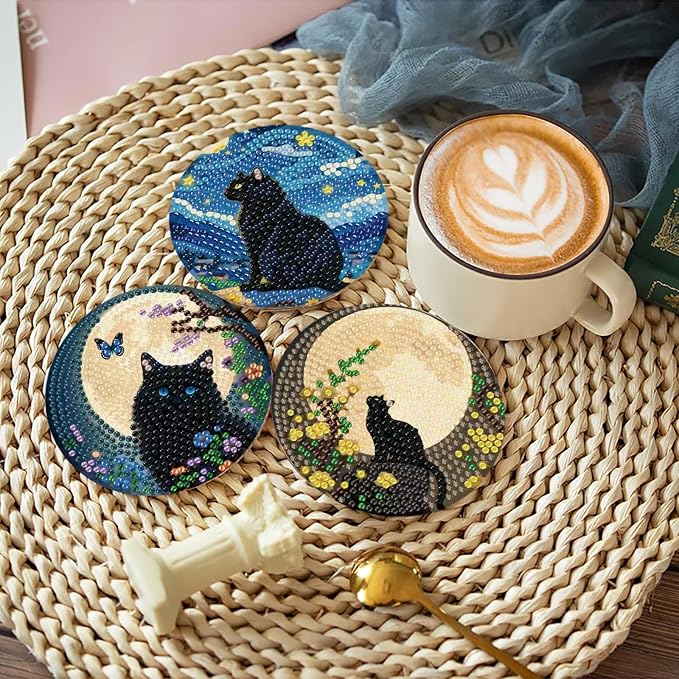 askkqtx 8 Pcs Black Cat Diamond Art Coasters Kits with Holder 4X4 Inch